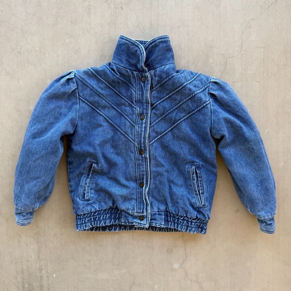 Vintage 80s Sergio Valente Kids Size 8 Denim Jacket Plaid Lined Puff Sleeve